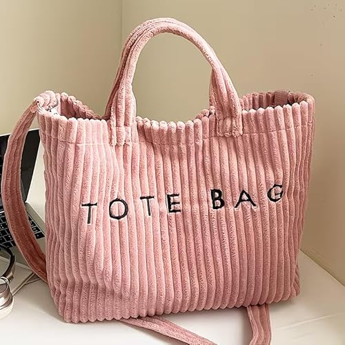 Korean Tote Bag Aesthetic Corduroy Canvas Handbag for Women Zipper Casual Large Capacity Shoulder Bag pink