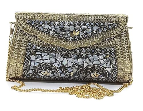 Trend Overseas Women's Golden Shell Nacre Stone Ethnic Clutch Antique Purse Mosaic Bag