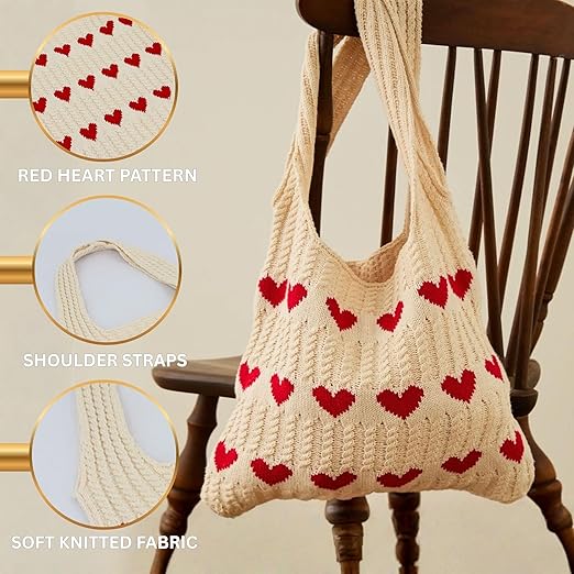Cotton Knitted Heart Pattern Tote Bag for Women white
