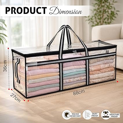 Multi-Purpose Heavy Duty Moisture Proof 85 Litres Transparent Super-Size Jumbo Underbed Storage Bag/Toys/Blankets/Stationery Paper/Clothes Storage Bag (88x27x36 cm)