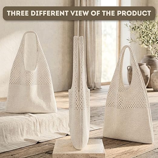 Crochet Tote Bag for Women – Large Knitted Diamond Cut Design Shoulder Handbag for Travel white