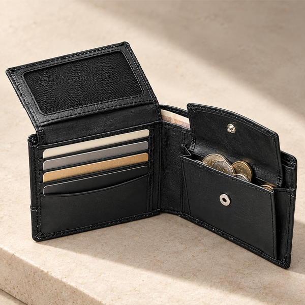 Leather Bifold Wallet for Men – Slim Pocket Size 11.5 x 9 cm