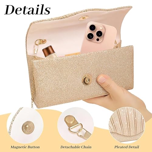 Glitter Purse Bag for Women With Removable Chain, Handbag Sling for Women Gold