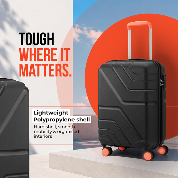 Carry-On Luggage, Polypropylene (PP) Hardside 8 Wheels Spinner Luggage with Combination Lock - Black
