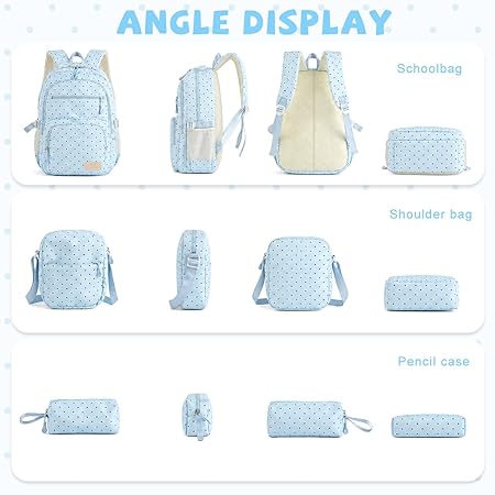 Fashion Backpack Set for Girls, Polka Dot School Backpack  lite blue