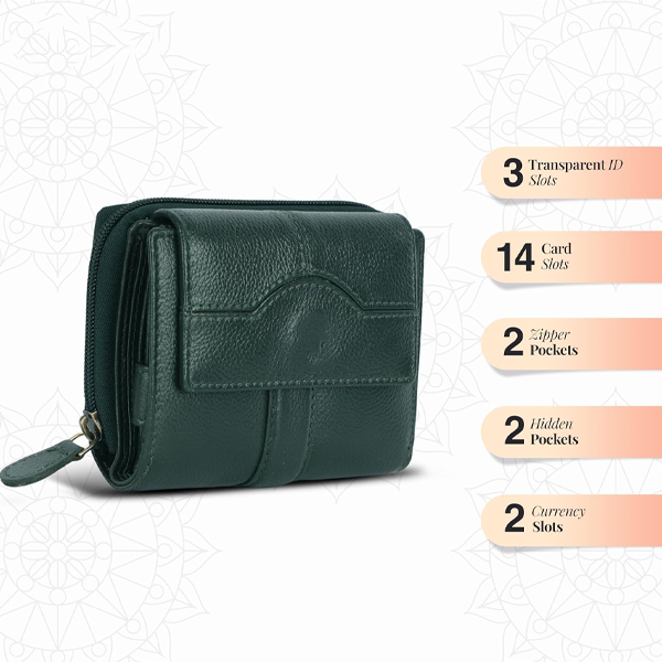 Leather Ladies Wallet for Woman with Card Slots Green