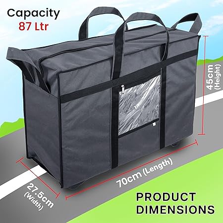 Duffle Bag Luggage Storage Trolley Bag for Travel with Five Wheels & Front Transparent Pocket (Grey- 70 x 27.5 x 45 Cm)