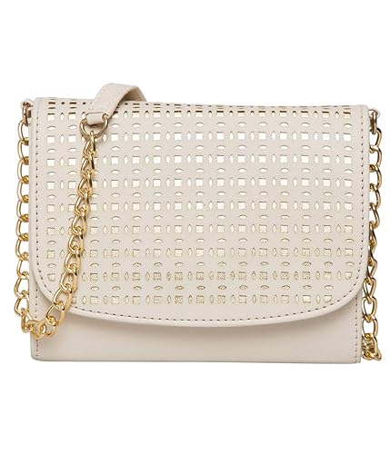 women girls laser cut crossbody sling bag with gold chain beige