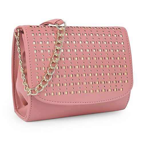 women girls laser cut crossbody sling bag with gold chain rose