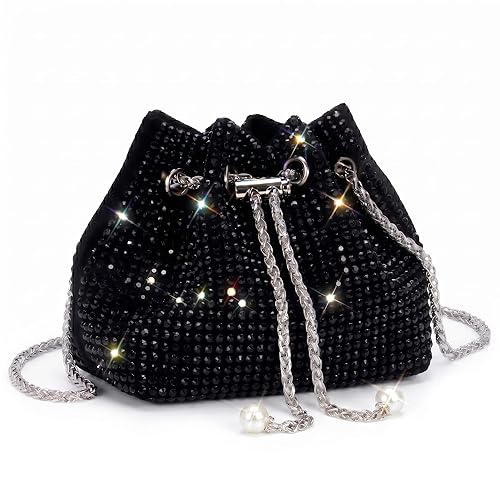 Crystal Clutch For Women Drawstring Crossbody Sling Bags with Chain Stylish Potli Bags Ladies black dark