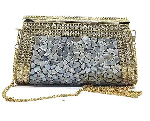 Trend Overseas Women's Golden Shell Nacre Stone Ethnic Clutch Antique Purse Mosaic Bag