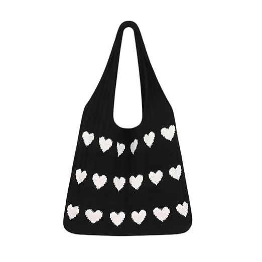Cotton Knitted Heart Pattern Tote Bag for Women black